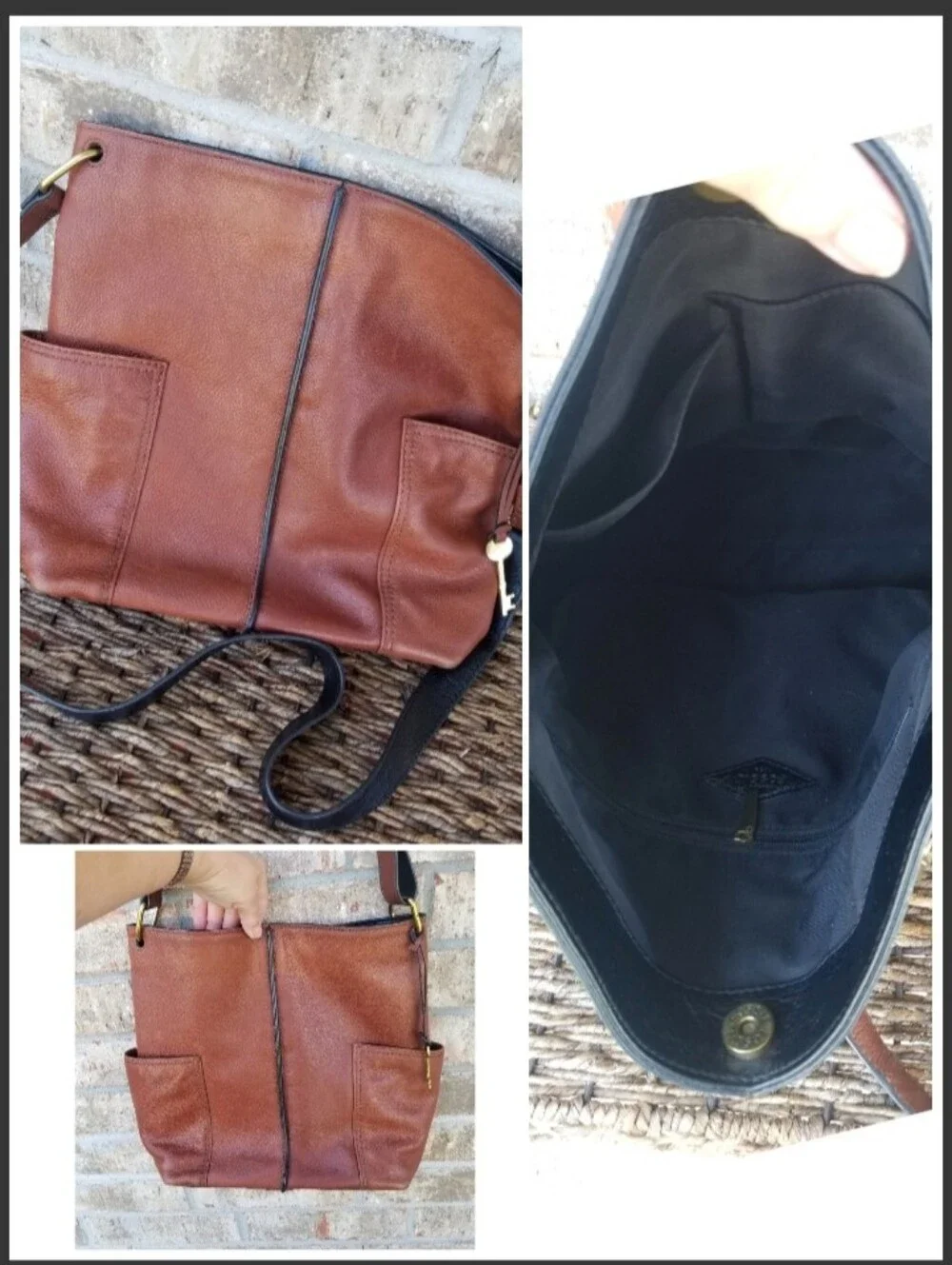 Vtg Fossil BROWN Handbag (14x12x4) Leather Satchel Saddle Bucket Purse